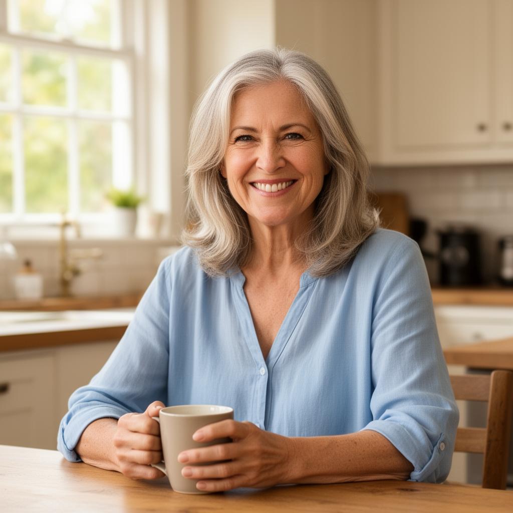 Sarah, 58, smiling at her kitchen table